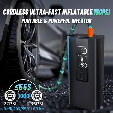 Portable Tire Inflator Air Compressor – 150 PSI, 4X Faster Inflation, Built-in Gauge & LED Light for Car, Motorcycle, Bike, and Sports Balls